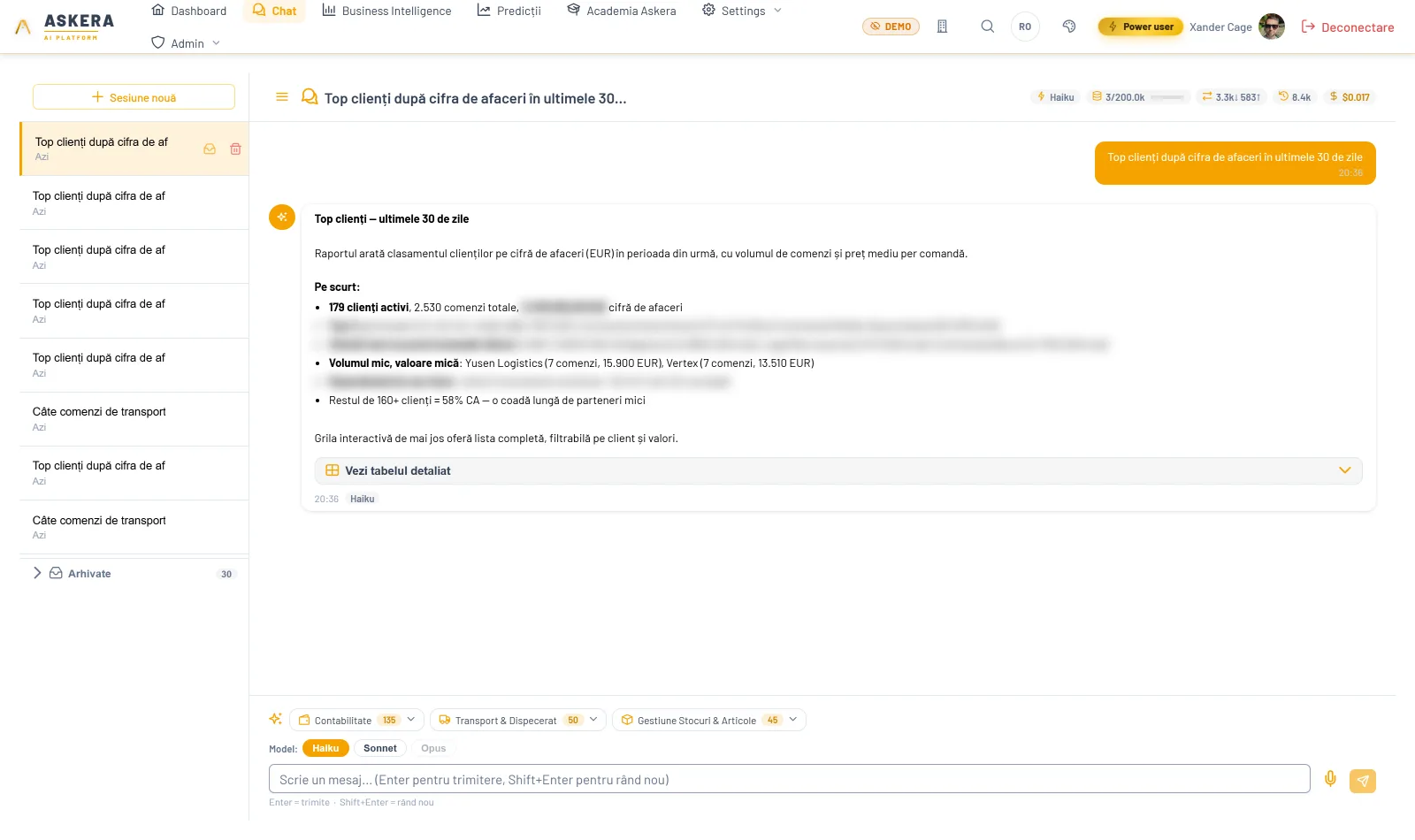 Chatul Askera AI răspunzând despre top clienți