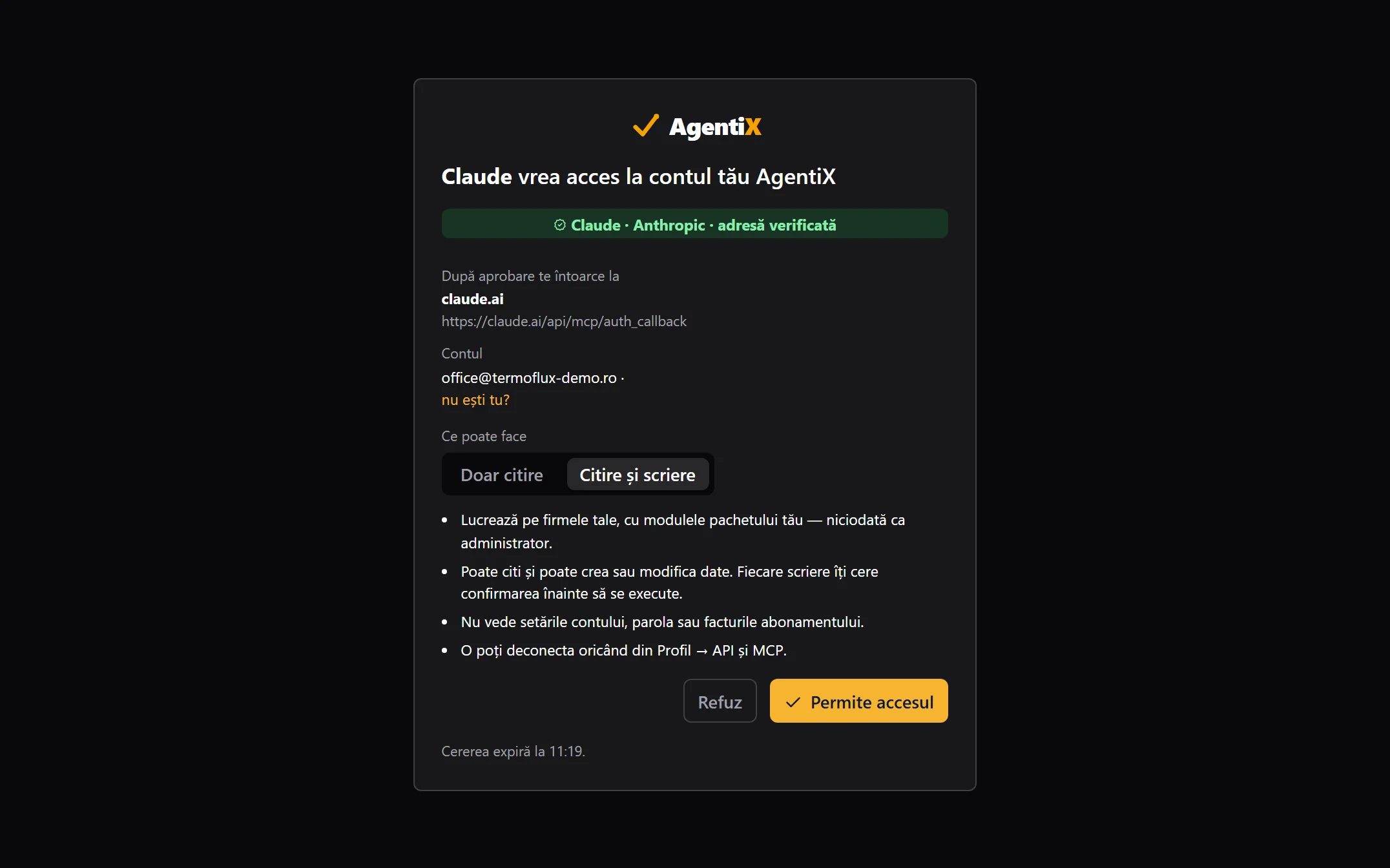 Ecranul de acord AgentiX: Claude cere acces la cont, cu adresa verificată, contul și drepturile alese