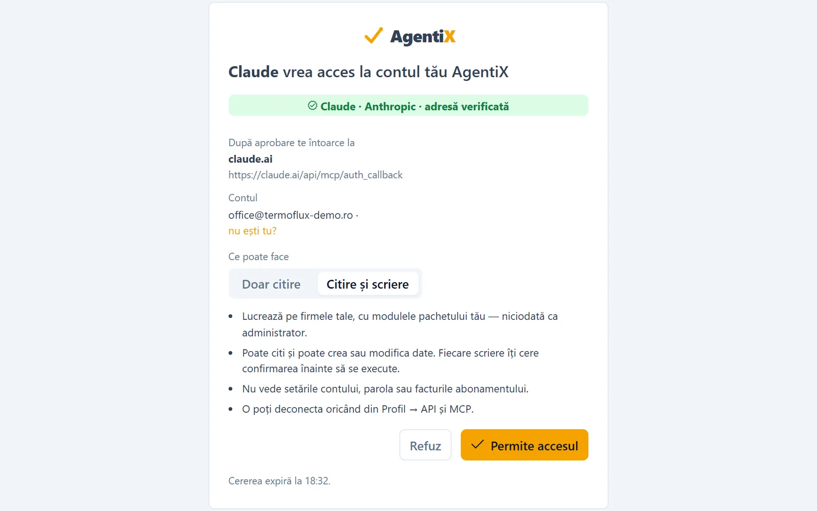Ecranul de acord AgentiX: Claude cere acces la cont, cu adresa verificată, contul și drepturile alese