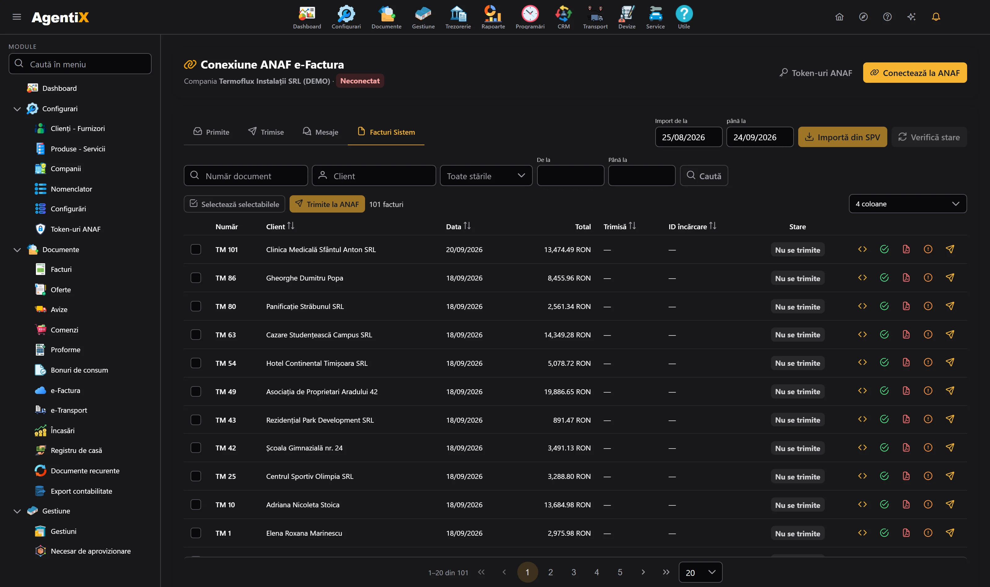 Ecranul e-Factura din AgentiX, cu documentele primite din SPV
