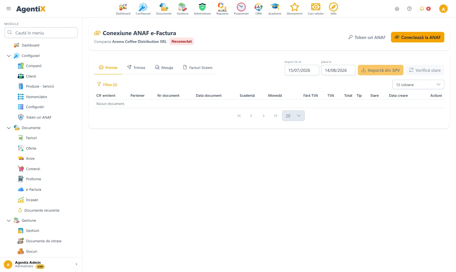 Ecranul e-Factura din AgentiX, cu documentele primite din SPV