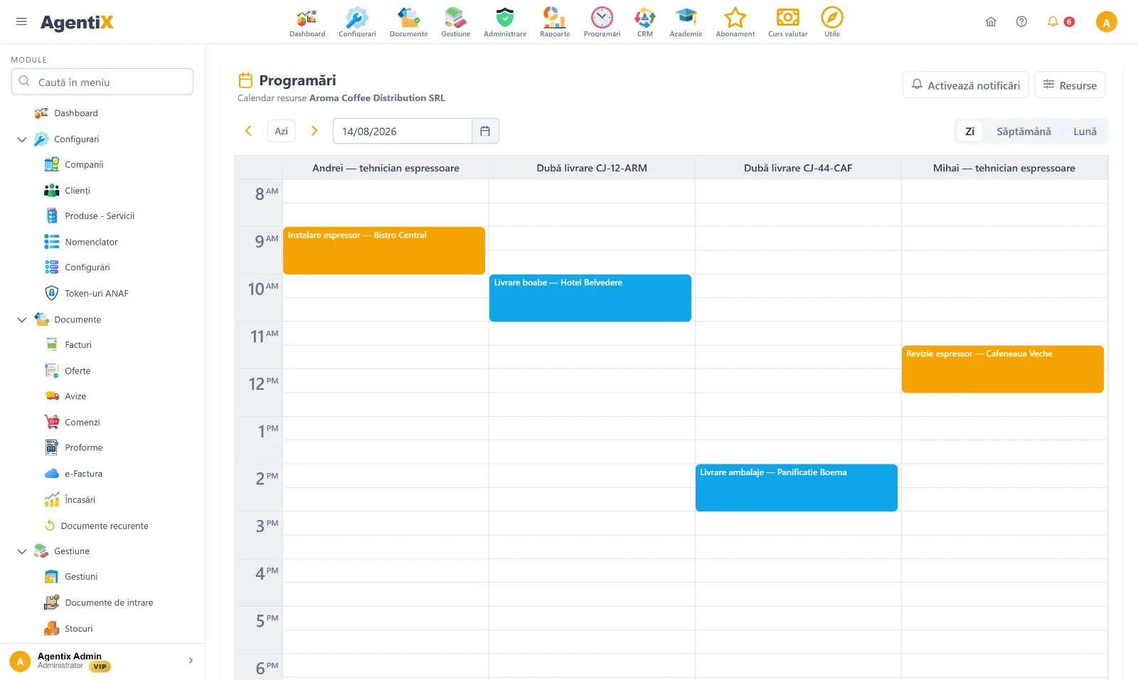 Calendarul de programări din AgentiX, cu resursele pe rânduri