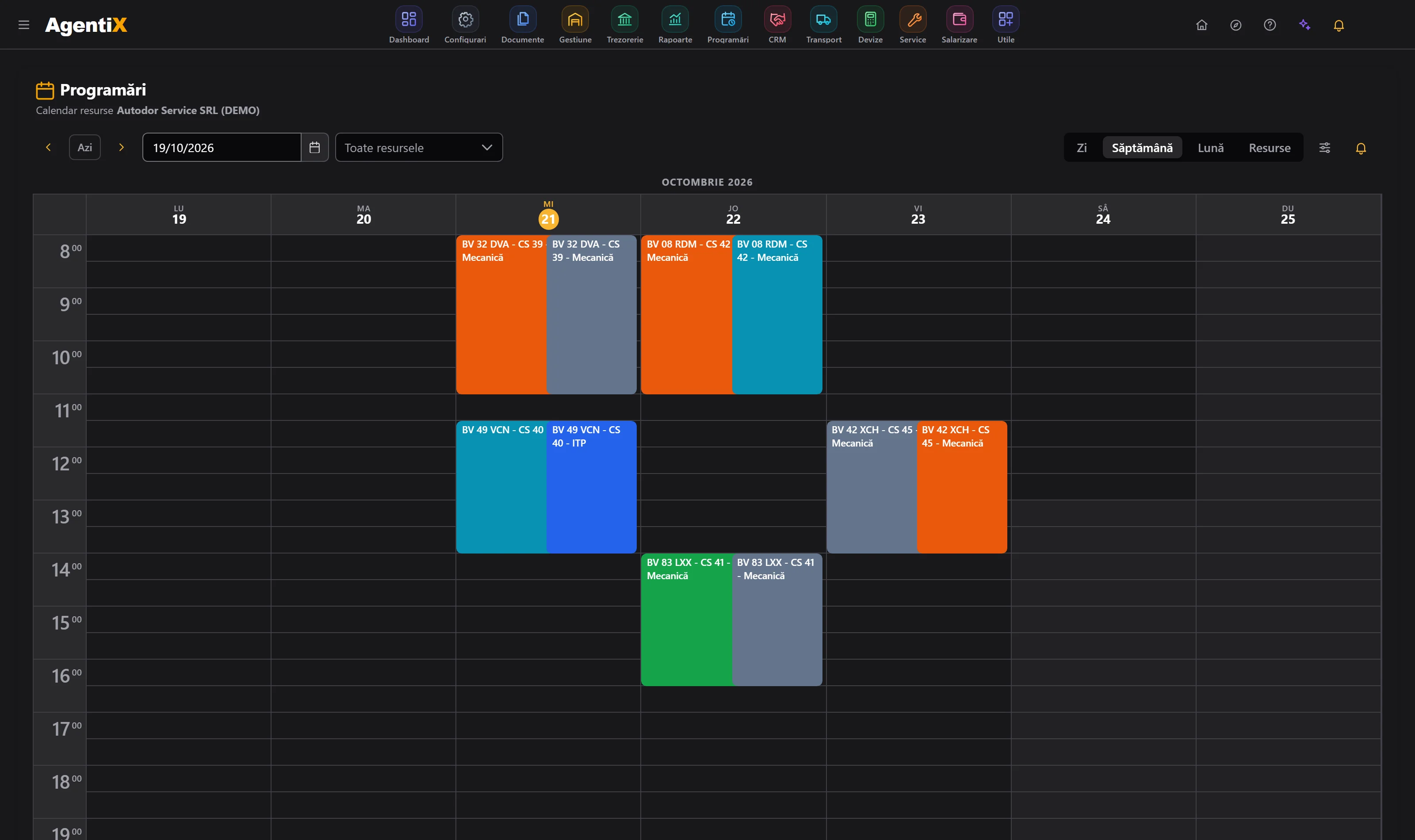 Calendarul de programări din AgentiX pe resurse, cu oamenii și rampele pe rânduri