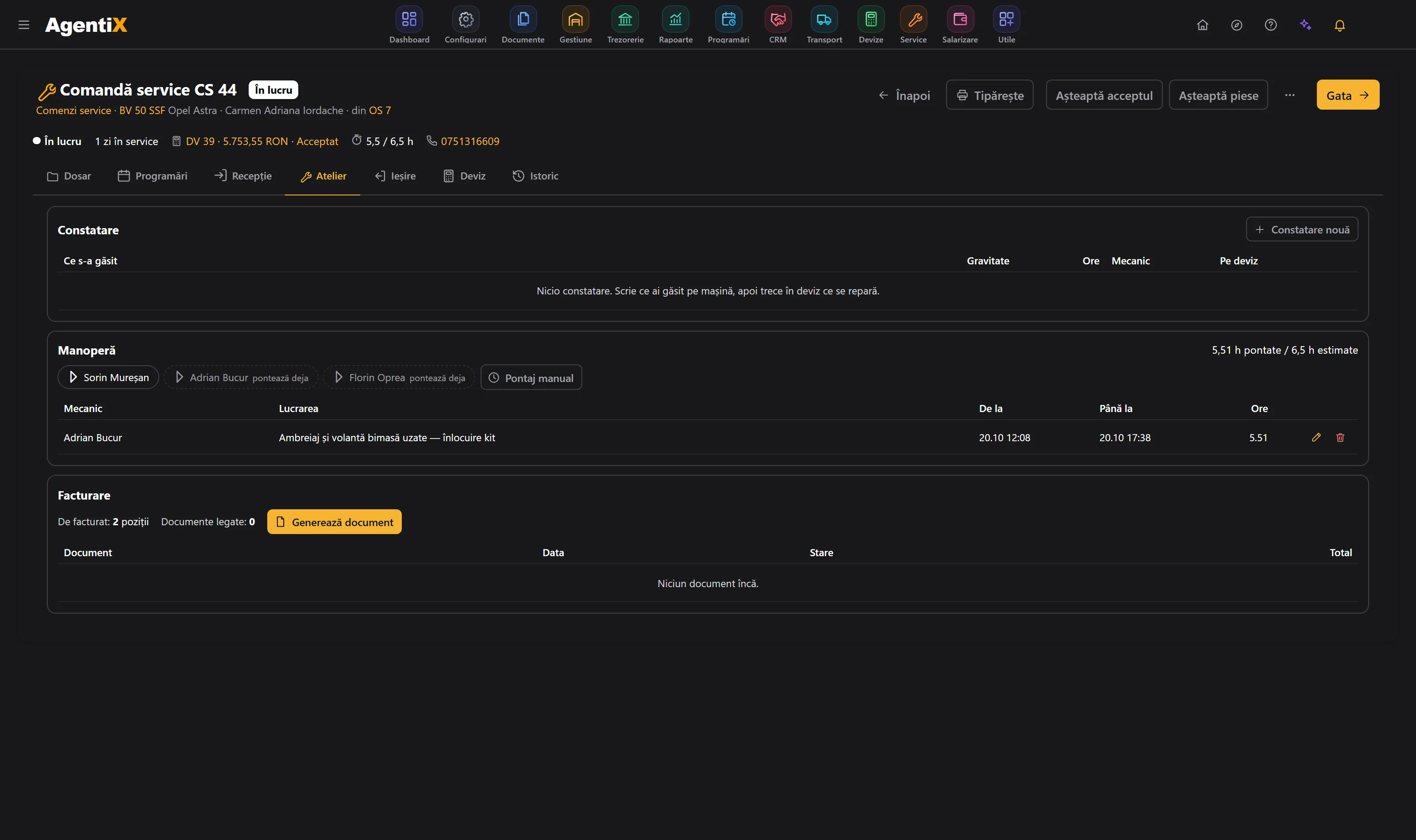Comanda de service din AgentiX, cu mașina, clientul, starea și filele dosarului