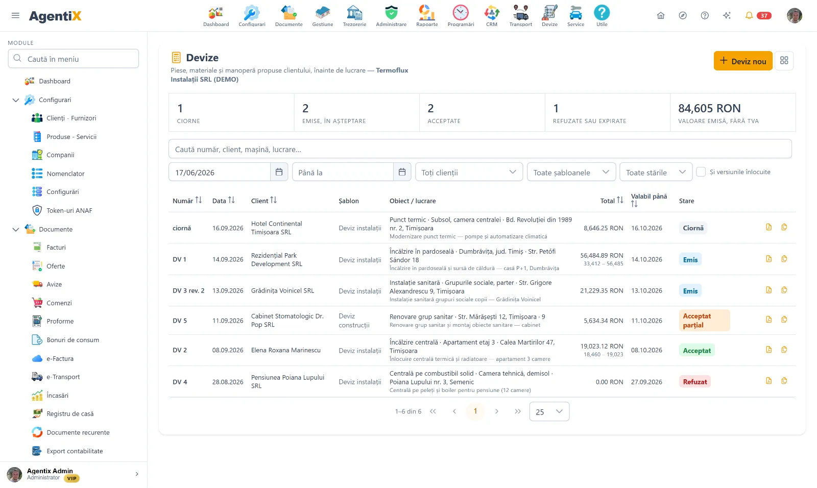 Lista devizelor din AgentiX, cu numărul, clientul, lucrarea, totalul și starea fiecărui deviz
