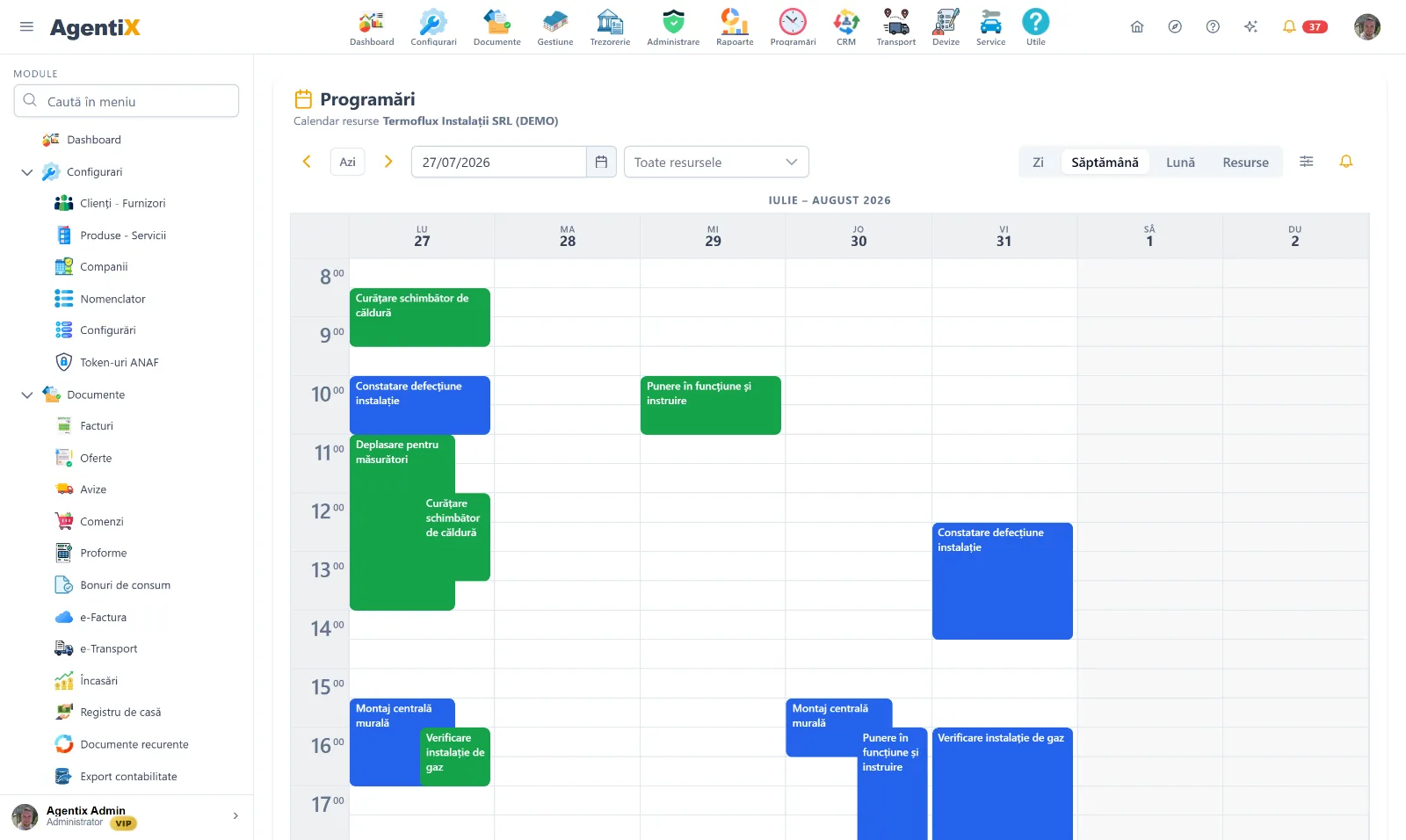 Calendarul de programări din AgentiX pe o săptămână, cu lucrările pe echipe