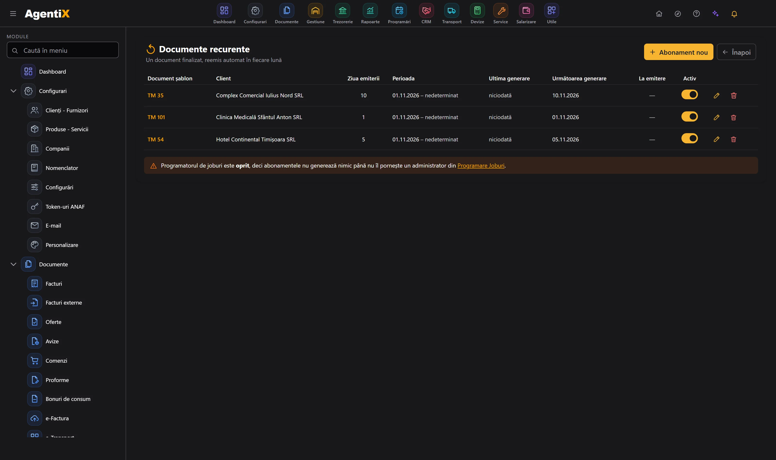 Lista documentelor recurente din AgentiX, cu clientul, ziua emiterii și următoarea generare