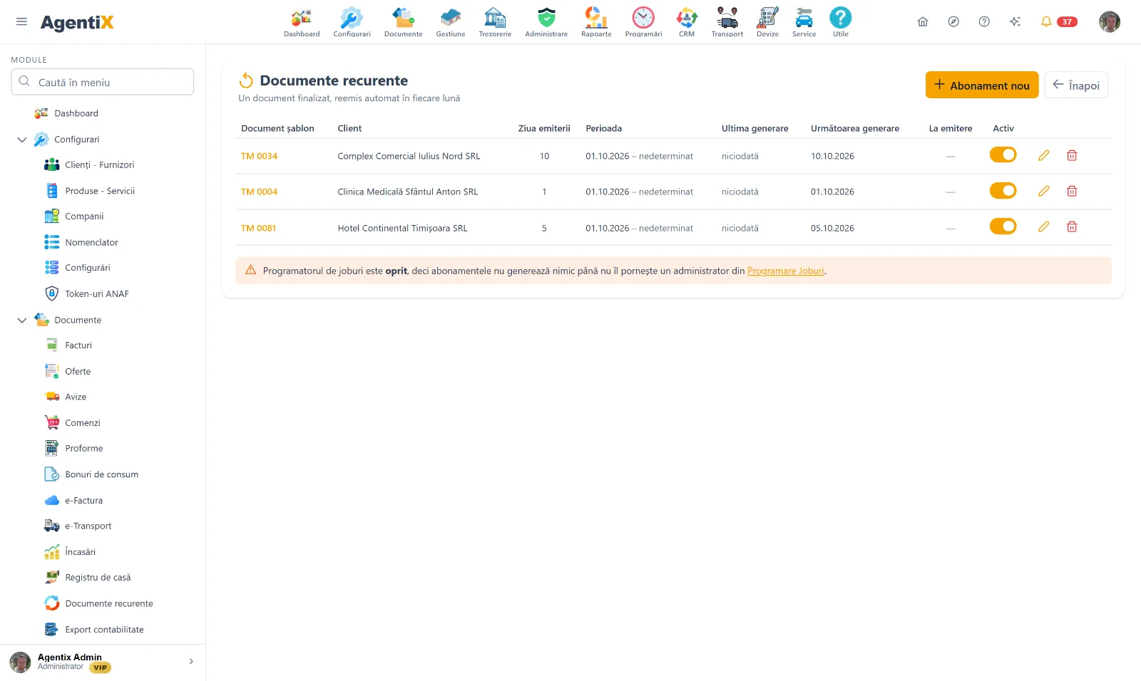 Lista documentelor recurente din AgentiX, cu clientul, ziua emiterii și următoarea generare