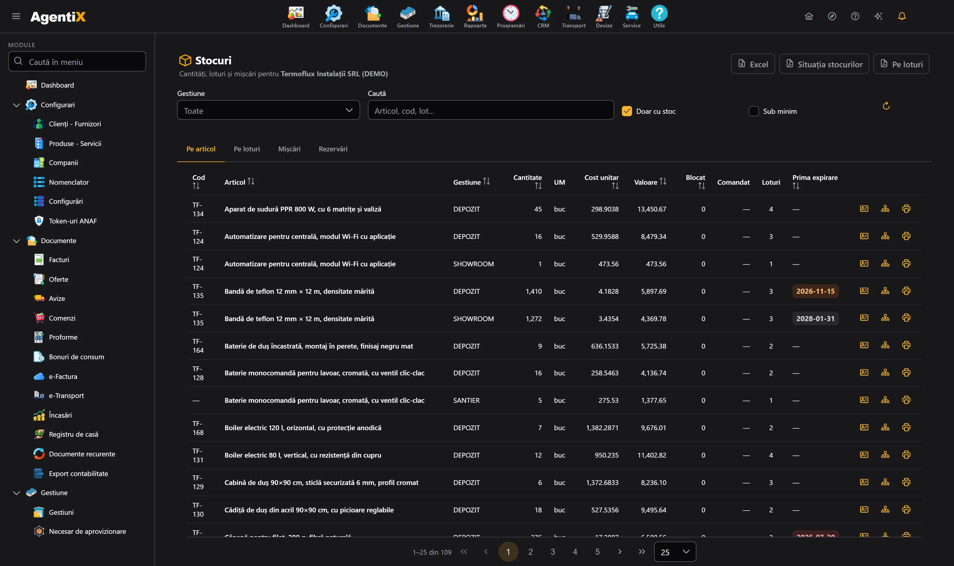 Ecranul de stocuri AgentiX, cu articole, loturi și disponibil pe gestiuni