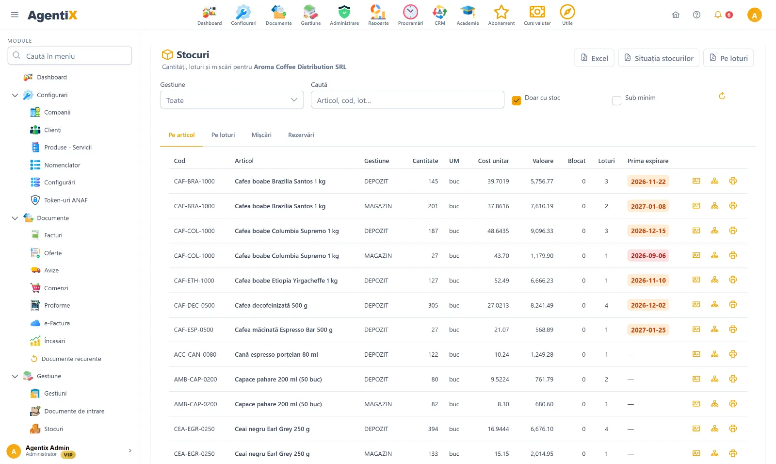 Ecranul de stocuri din AgentiX, cu articole, loturi și disponibil