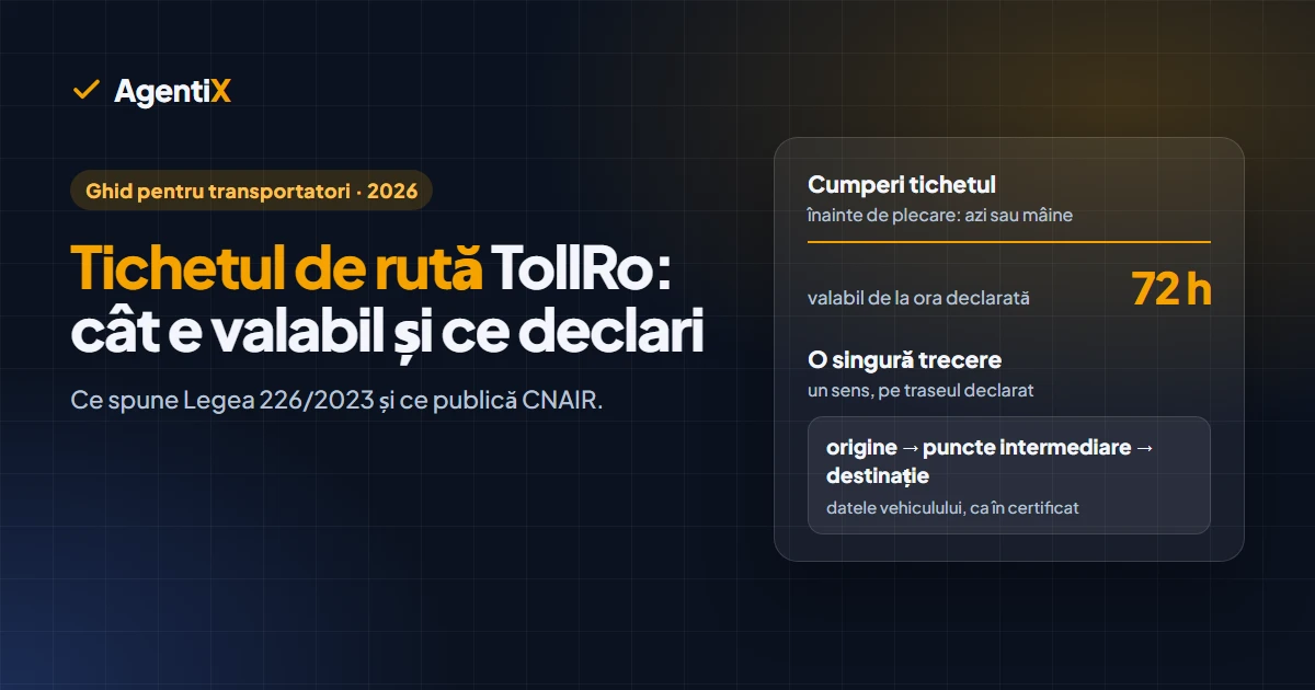 Tichetul de rută TollRo: se cumpără înainte de plecare, pe portal pentru ziua curentă sau cea următoare, e valabil 72 de ore de la ora declarată și acoperă o singură trecere pe traseul origine, puncte intermediare, destinație